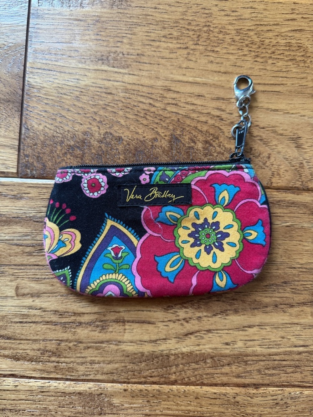 Vera Bradley Black Floral Zip Key Pouch with Pink & Yellow Accents